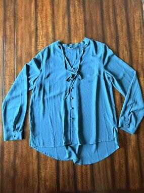 Lulus Style Education Teal Tie Neck Button Blouse XL